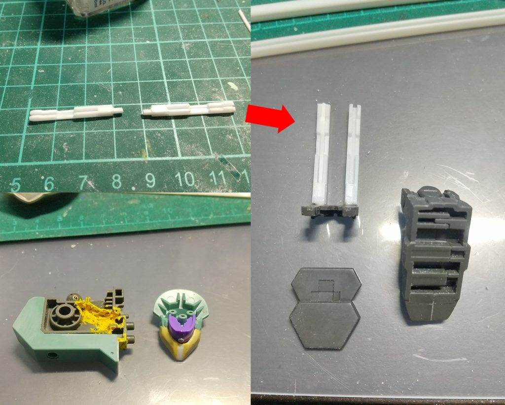 爪は自作で、取り付けとカバーは、引っ越しで一部のパーツ紛失しジャンクとなったバルバトス(1/100)から。フロントアーマー上げと、お顔の整形。豚足の処理は、写真撮るのを忘れるぐらい何回も作りなおしまし、なんとかプラ板を削って付けました。背びれは、ユーラヴェンのコアディフェンサーの羽を真っ二つにしてプラ板を追加。