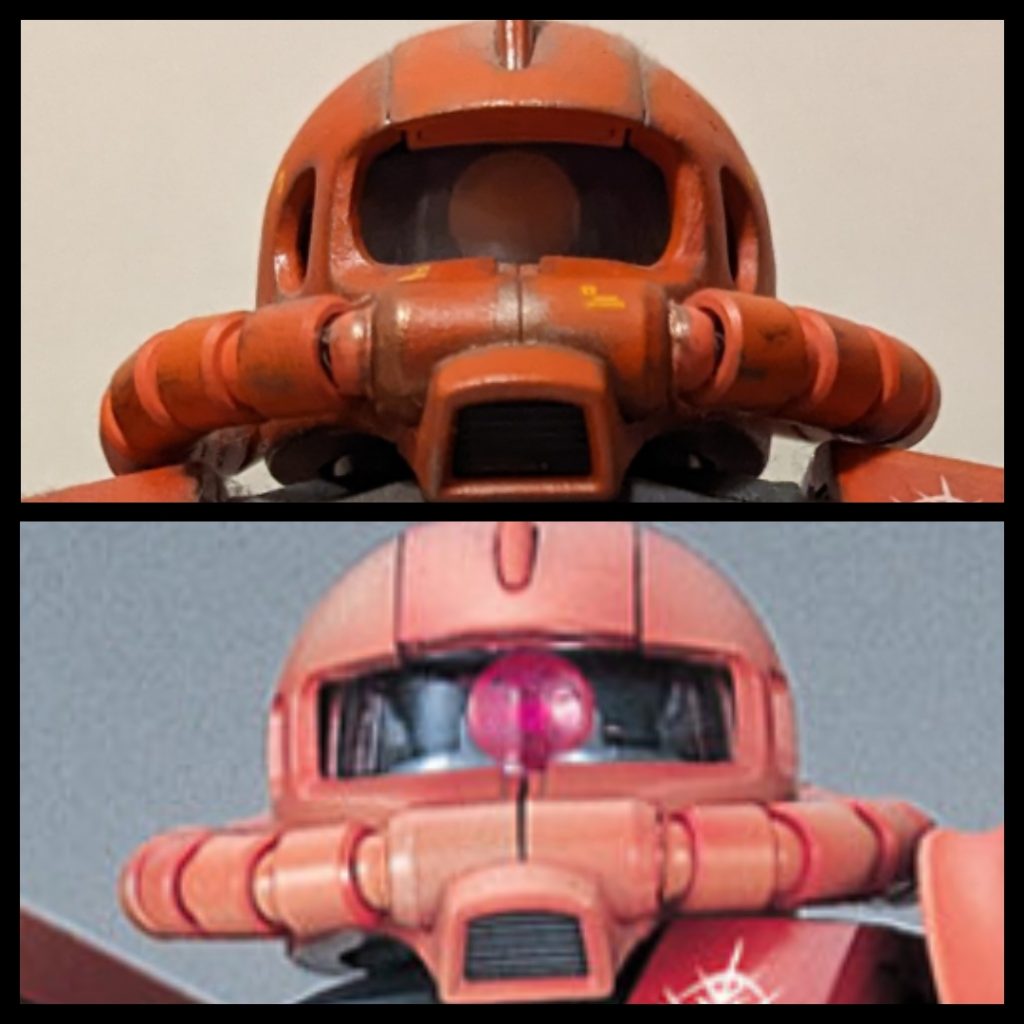 PG 1/60 MS-06S シャア専用ザクII 顔比較①実は顔をいじってます。下がノーマル。どうしても安彦ザクにしたくて、窓を前に集めました。