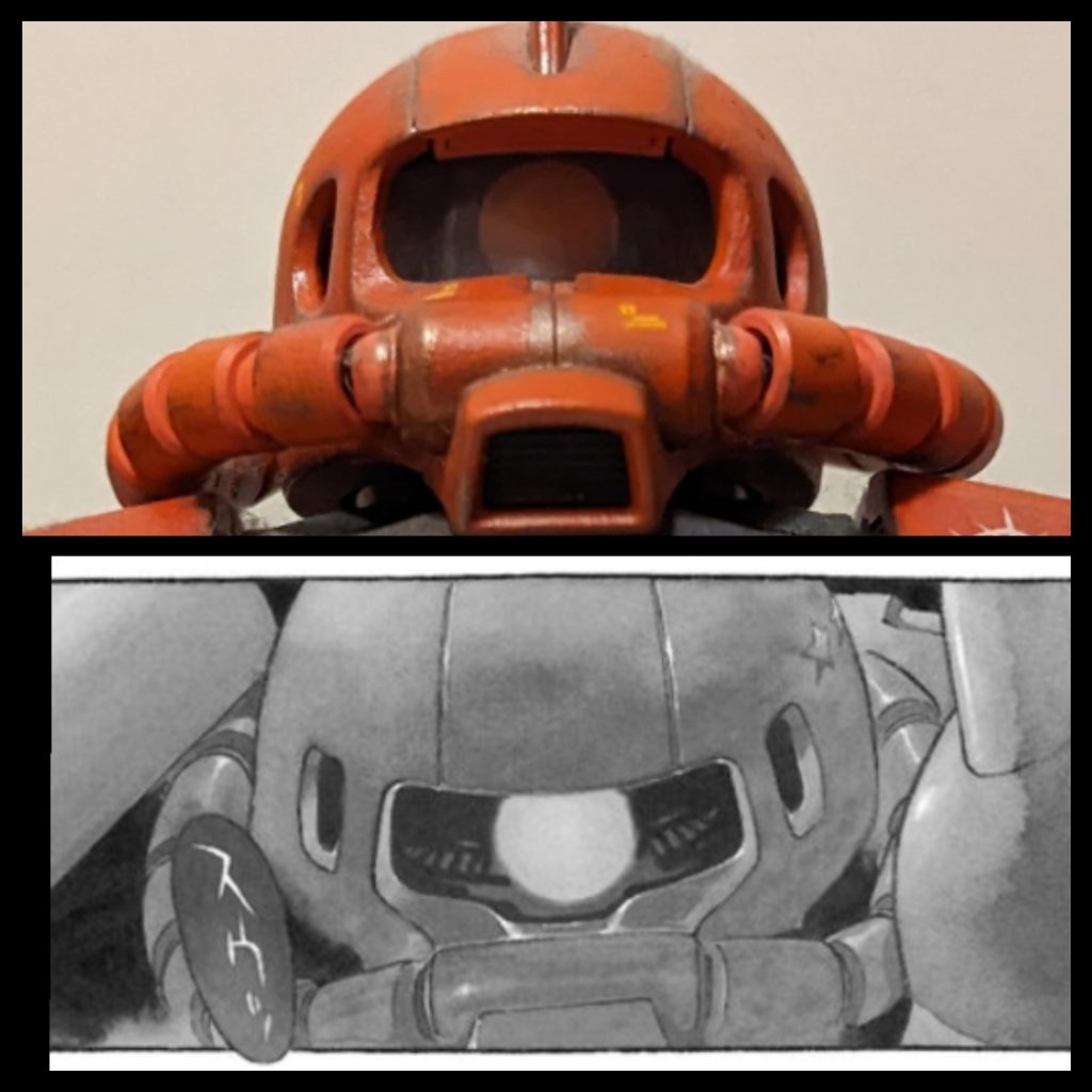 PG 1/60 MS-06S シャア専用ザクII 顔比較②オリジンザクと比較すると近づいたの分かるかな?