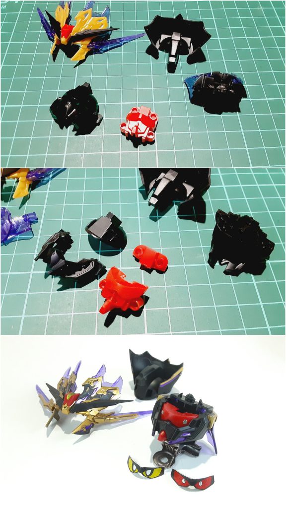 目のシールは複数枚付属するのですべて使用するべく加工。差し替えしやすいように一部パーツを切断、マグネットシートとネオジム磁石を使用して付属シールを使えるようにしてます