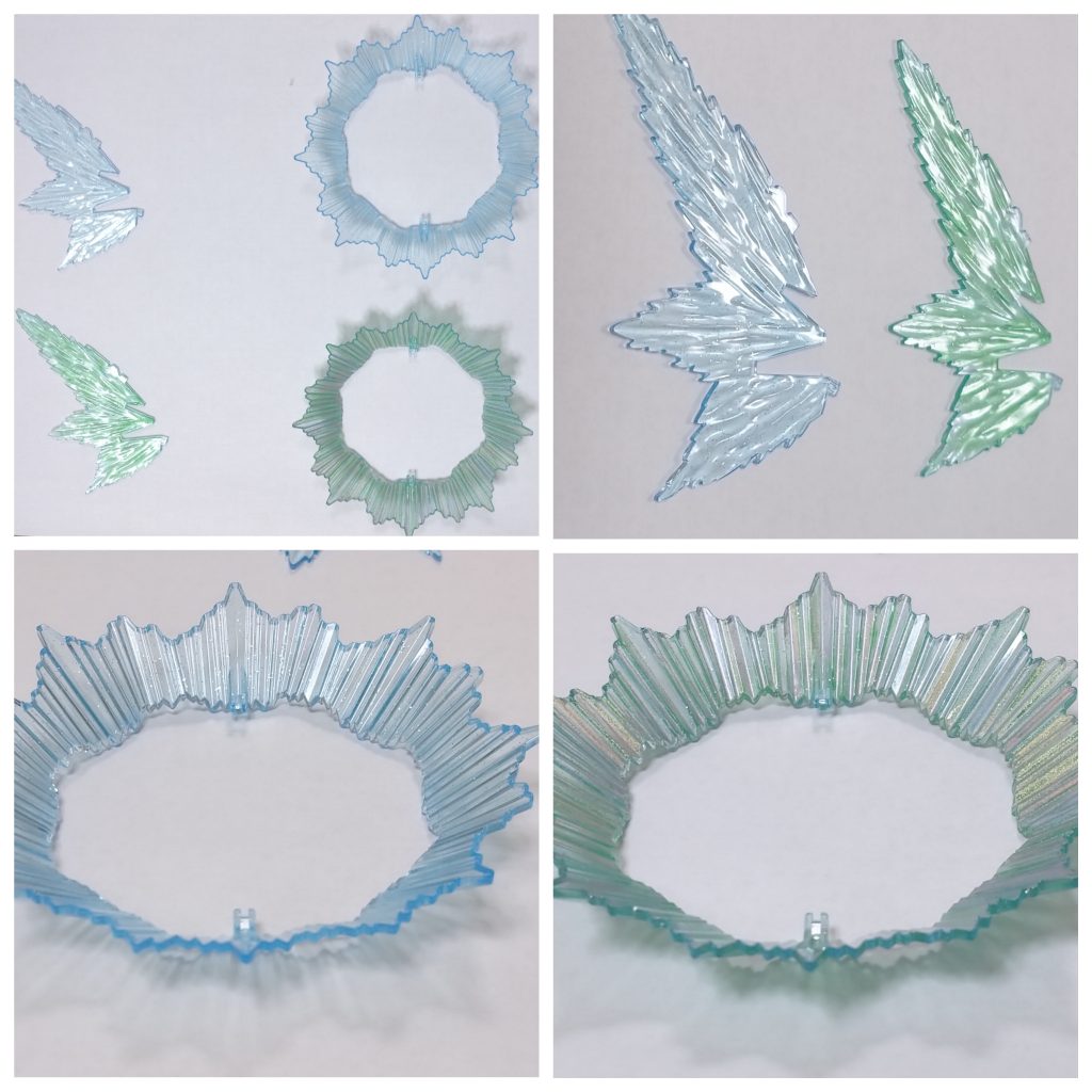 ダブルオースカイ(ハイヤーザンスカイフェイス)のエフェクトパーツ。オリジナルGNドライヴにしたかったので青の成型色から、透明グリーンにて塗装。円形部は内側を月光蝶ホロシルバーで耀かせました。