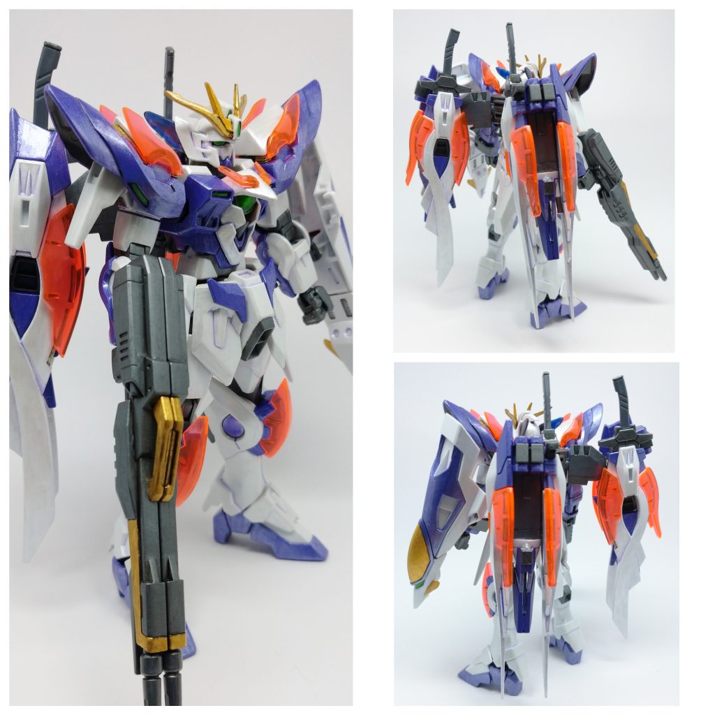 ファレホの筆塗りにて、パール塗装の再現が紹介されていたので、今回のベース色である白と紫の部位にチャレンジしてみました。 白部=ホワイト塗装後、メタルメディウム+グロスバーニッシュ。紫部=ブルーバイオレット塗装後、メタルメディウム+グロスバーニッシュ+ゲームカラーインクバイオレット。金部=ゴールド。カメラ等の緑部=メタリックグリーンの上から蛍光グリーン。武器、間接部等=ガンメタル。