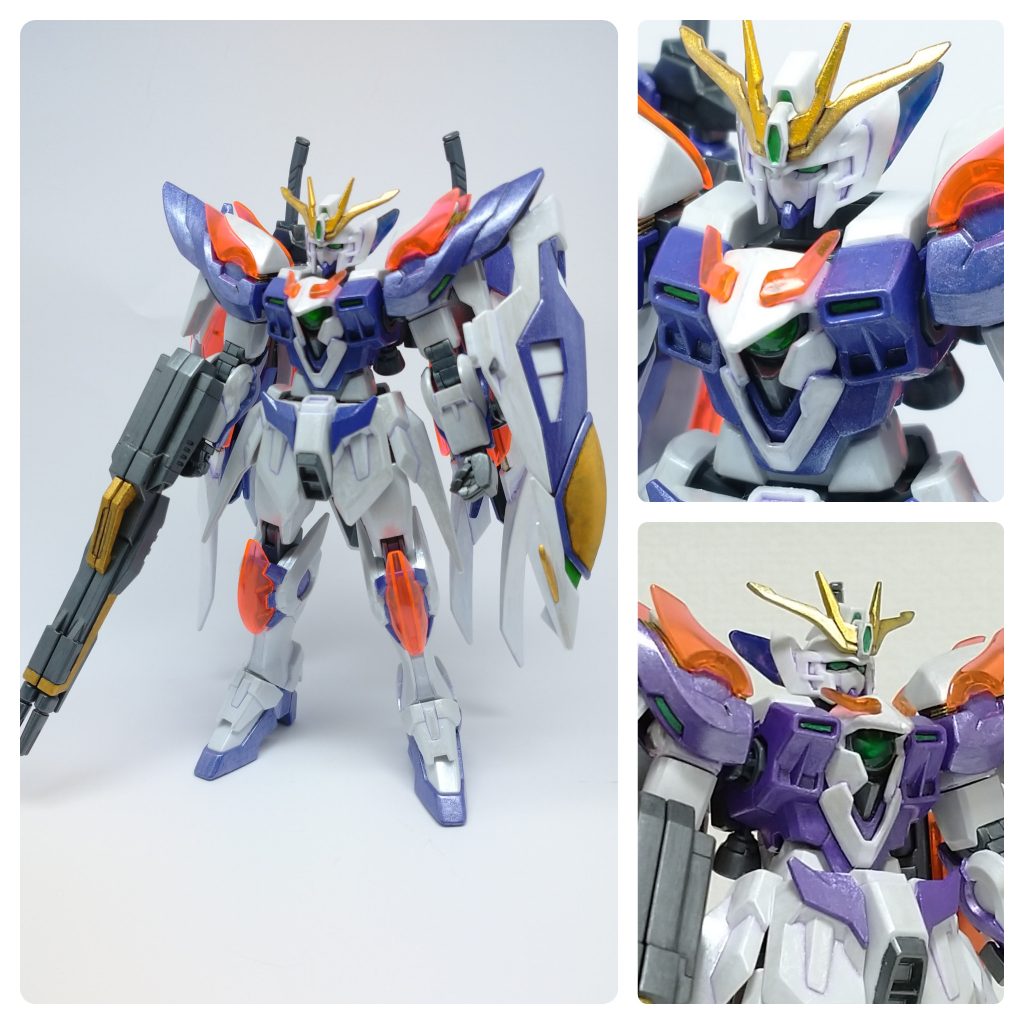 ベース=ウイングガンダムゼロ炎このデザインがダブルオーの世界観になんとなく近いと思い、ベースに。武装類=ウイングガンダムゼロ(HGAC)ドライブ部=ダブルオースカイ(ハイヤーザンスカイフェイス)「ダブルオー」と「リボーンズ」の中間のイメージにしたかったのでメインカラーは紫に。