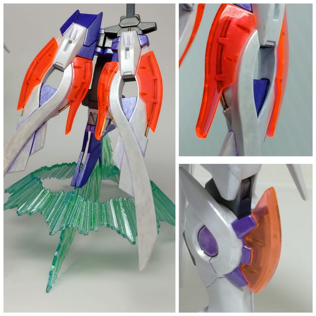 クリアパーツ下のライン部は、翼側がゴールド。膝側がメッキシルバーに。翼のメインが白なのでそっちはゴールドがいいかなと。
