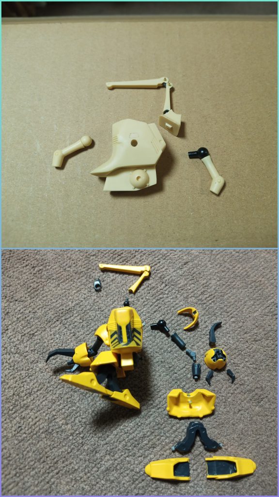 なのでやっぱり各部に関節仕込んで可動モデルに大体ほとんどの部分を真鍮線の先に丸いプラの玉付けたボールジョイント(お手軽だし整備性も良いので)にしましたが、肩と肘、クレーン基部はそれだと好みの動きしなさそうだったので市販の関節パーツを加工して仕込みました当初肘は切断した後前腕切り欠いて積層プラ板を上腕に付けてかみ合わせて軸通す、みたいな感じにしようかと考えてましたが、市販の関節の両サイド削ったら前腕の切り欠きにうまく入ったので当初案に比べて整備性の良い仕上がりになりました(クレーン中央の可動部は市販関節仕込むのはちょっと無理だったので軸通す方式にしましたが)