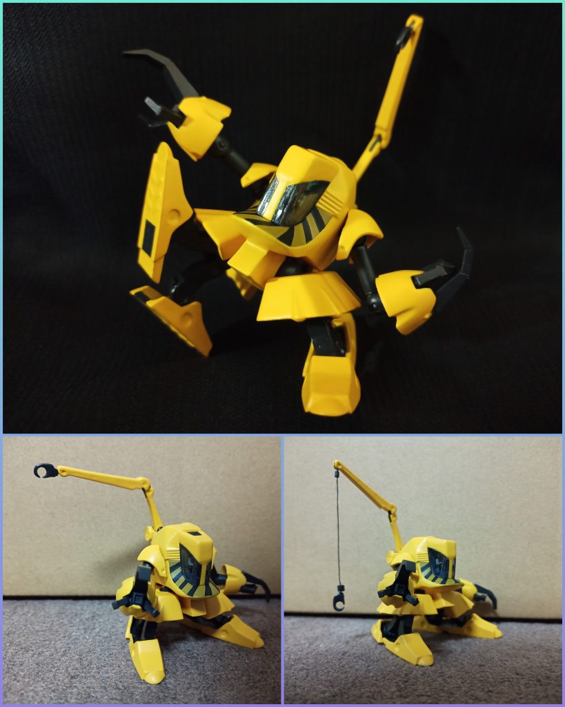 それなりに動きます肩アーマーは肩関節パーツに接続すれば腕が一回転するな、とは思いましたが見た感じ肩関節の上に接続されてる方が自然っぽかったのでそんな感じにしましたクレーンのフックは基部に縦長の切り欠きを入れる事でスイングできるようにあとオプションとしてワイヤーを伸ばした感じのアタッチメントパーツを作ってみました