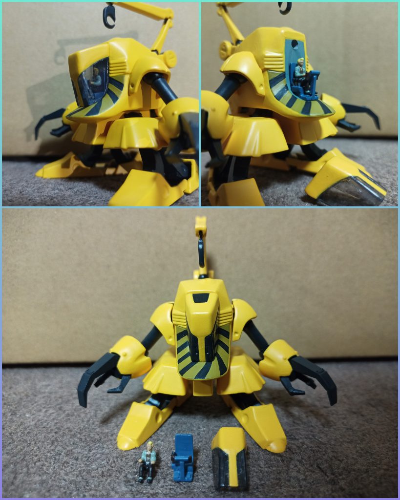 コクピットブロックはキットだとやはりソリッドなレジンパーツだったので、透明なCDケース切ったり貼ったりして劇中の中身見える仕様(クリア三原色混ぜて薄めたもので塗ってスモークにしてみました)のを作成パイロットはビルダーズパーツ「MSフィギュア01」の人物を加工してヤザンっぽい雰囲気に^^;内装は資料映像観てみたら「なんか右側にレバーらしき物が3本ぐらいあるじゃん…このサイズで再現するのは無謀じゃね？…まあでもどっちにしろザックリとした作りになる事に変わりないなら逃げたら0本進めば3本のレバー再現だよなぁ…ええぃままよ！」でシート横にザックリ作ってみました^^;あと元キットのコクピットブロックとはコンパチできるようにしましたが、何故か左側しかハッチがモールドされてなかったので右側も同様のモールド彫って劇中準拠の仕様にしました