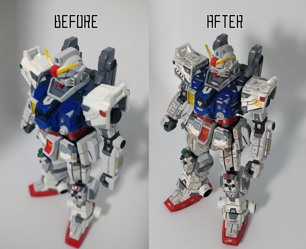 BEFOREは塗装完了直後。AFTERはデカール、エッジ強調処理、トップコートを更に行った後になります。BEFOREだとディテールアップしたパーツが目立たなかったのですがAFTERで強調され、肩回りの陰影は大きく変わりました。あと今回実はスジボリしてません。筋のように見えるのはプラバンとプラバンの隙間になります。スジボリは経験がなく失敗したら怖いのでプラバンの隙間を試してみましたが、墨入れが難しいのですね。