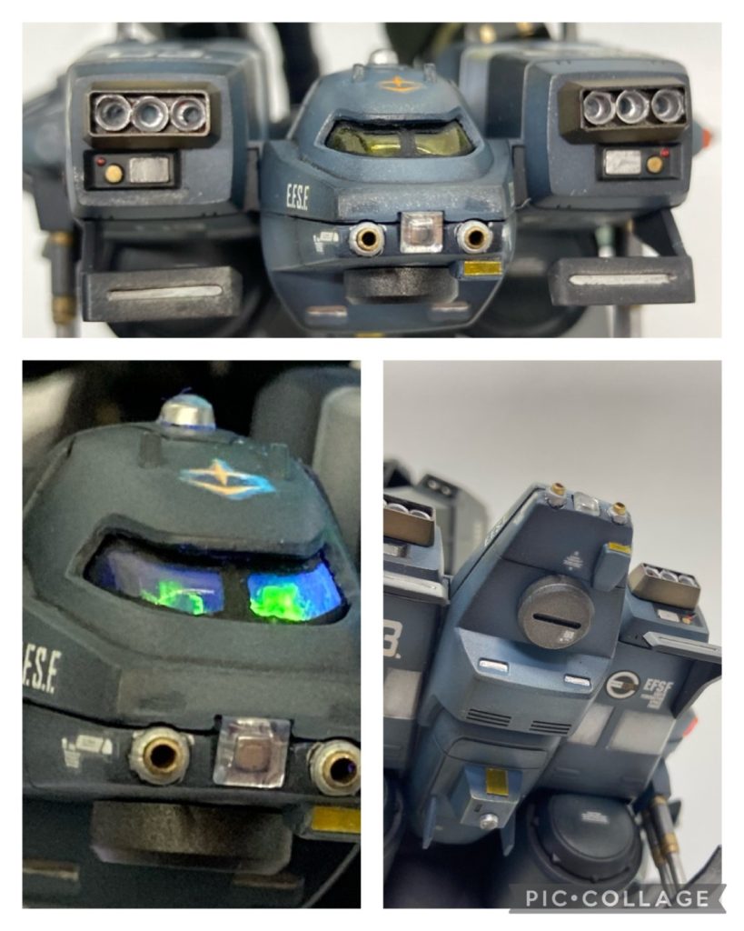 キャノピーは、工具などのパッケージに使用されているブリスターパックの透明塩ビを使ってクリアパーツ化。熱してパーツに押し当て成形。コクピット内のシートなどもプラ材で制作。蛍光塗料を塗布し、ブラックライトを当てると、モニターの光に浮かび上がるシートが見える演出を追加しました。前部の左右には減速時に使用する逆噴射用のスラスターを追加しました。機首にはバルカン砲を2門とヘッドライトに見立てたクリアパーツを追加。ガンマズルはコトブキヤの動力パイプの部品と真鍮パイプで自作しました。機首下部にはバルカン砲のマガジンを追加。