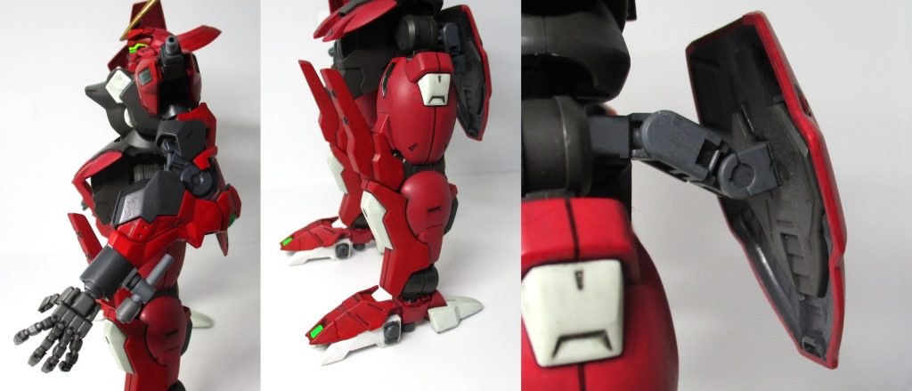 腕はビームランチャーを振り回せそうな逞しさを求めて、ガンダムダンタリオンの脚部を使用。かなり腕の長いゴリラです。手はMSGのワイルドハンド。脚は太股の接続部で9mm、足裏で1mm延長。足部は前後逆にした上で、爪をプラ板で作った大型の物に変更。足の甲は30MM用のオプションパーツから。ニークラッシャー裏の肉抜きは同色のランナータグで塞ぎました。リアスカートは変形時に動かせるようにアームで接続してます。