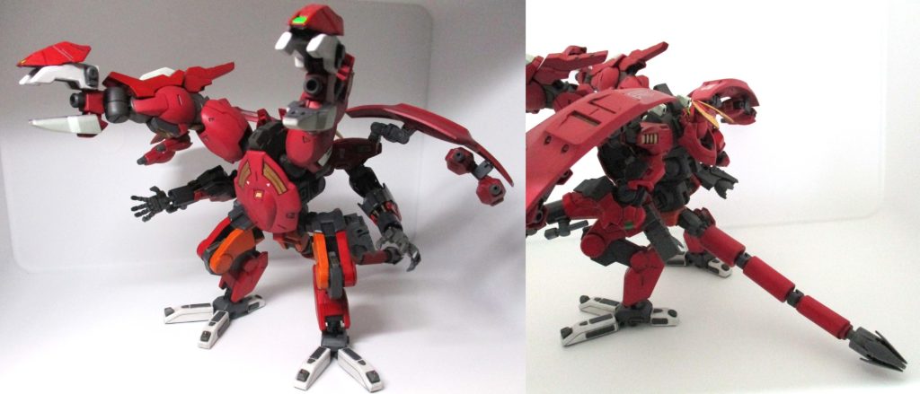 さらに大きくのけぞって、バックパックがサブレッグに変形した制圧形態。両脚のビーム砲、イーシュヴァラ4基、写真では持たせてませんがビームランチャーとダブルビームライフルを左右の手に持って、弾幕を形成するための形態です。普通に動き回りながらの撃ちあいは通常のMS形態で行います。以下は制作工程として各部の改造内容など。