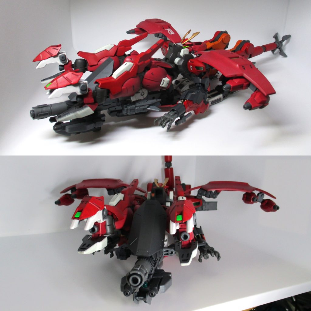 ほぼ姿勢変更のみの簡単な機構ですが、変形します。これは突撃形態。前方への投影面積を小さくしつつ、火力も前方へ集中、敵陣へ打撃を与えつつ距離を詰めるのに使用します。シャクルクロウはオミットし、両脚自体がビーム砲になっています。