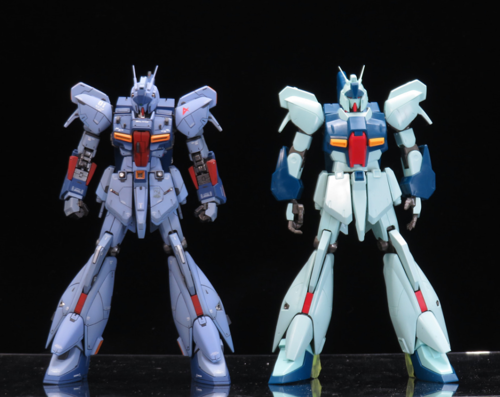 最後に元キットとの比較を。丸みが少なくなり、ゼータガンダムの量産機として、よりゼータに近いフォルムになりました。これなら、ギュネイ(もしくはグラーブ)はもちろんシャアが駆るサザビーにも真っ向から戦える!