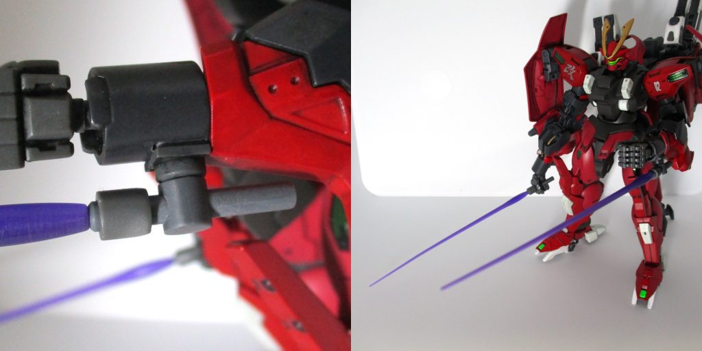 格闘武装は手首にビームサーベルが1本づつ。マウントしたままでもビーム刃を出せますが、手持ちの射撃武装がどちらもでかいので、同時使用は難しい。