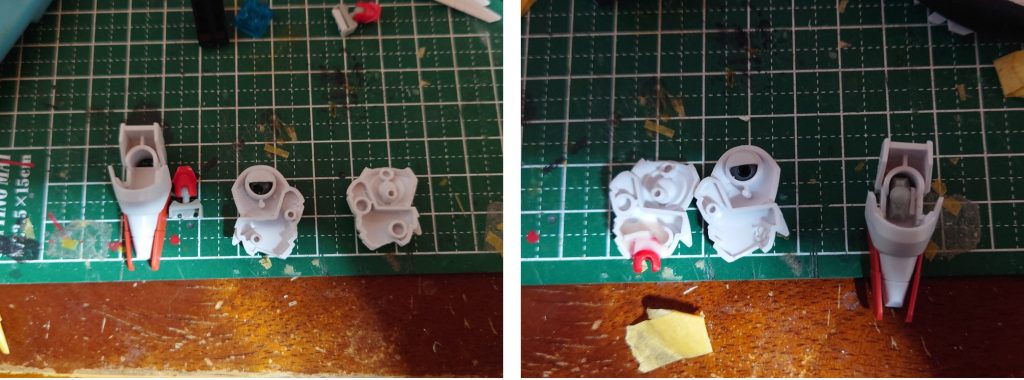 まずは少々足の長さが気になったので短縮しました足首の辺りを切り飛ばし関節をレゴブロックのジョイントに変えます（ボールデンアームアームズなんかの代わりですね百均なので安く入手性もいいのがポイントです）