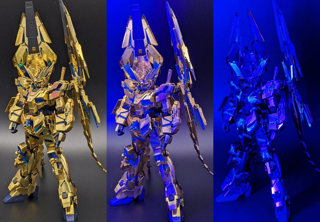 サイコフレームは、お約束(?)の蛍光クリアー塗装です。普通の光の下でも、ほんのり不思議な輝きがあるのでおススメです。最後までご覧いただきありがとうございました。