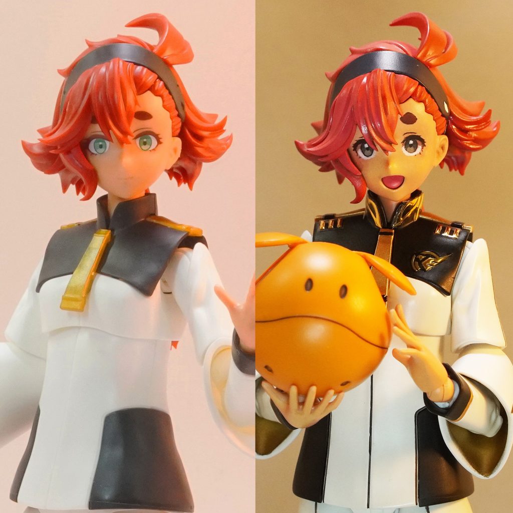 左が仮組み、右が完成品です。目はクリアデカールを使用して制作しました。　似ている似ていないは置いておいて、生き生きとした表情が作れたと思います。