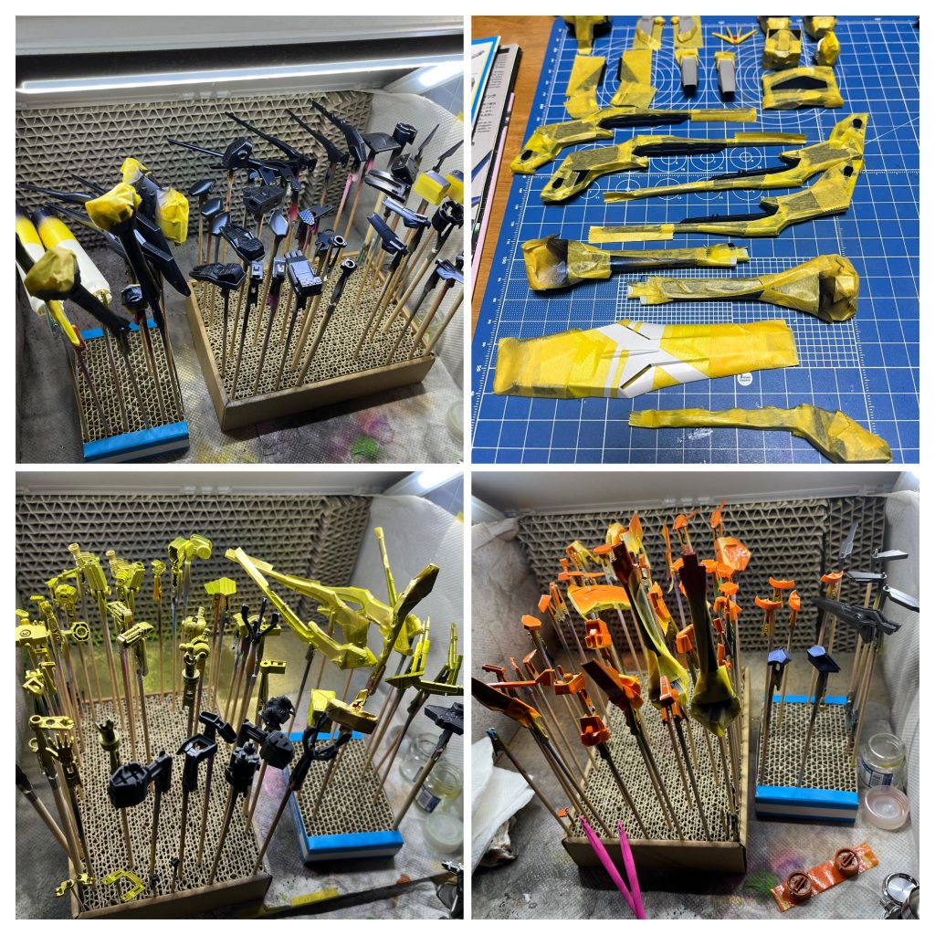 二次マスキングからのプリズムブルーブラック、三次でフレームのゴールド(ゴールド+蛍光イエロー)、そして差し色のオレンジです。他にはジョイントにファントムグレー、武器にグラファイトブラックなど。組み付け時にはガンダムマーカー等で差し色を入れてます。↓フレームの発光具合の動画↓https://twitter.com/ukaiswu1/status/1638106067908587520?s=20