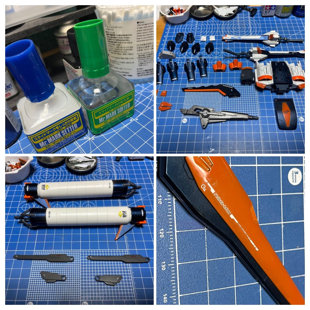 墨入れしつつデカール貼っていきます。嗚呼、果てしない…(*´꒳`*) ちなみに本体はνガンダム、武装に関してはストライク及びストフリ等のデカールを使ってます。