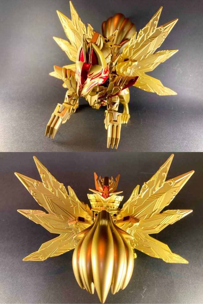 〜〜〜〜〜〜〜〜〜〜〜〜SDWヒーローズ 佐助デルタガンダムの強化形態の設定で作りました。アニメ本編の第20話で登場した最終奥義をモチーフに、5色のメタリックゴールドを組み合わせた彩色変更と、九尾の狐イメージのしっぽ&オシャレ忍者マフラー追加の改修を施しています。雷帝妖狐を会得してパワーアップした佐助の雰囲気を再現しました。