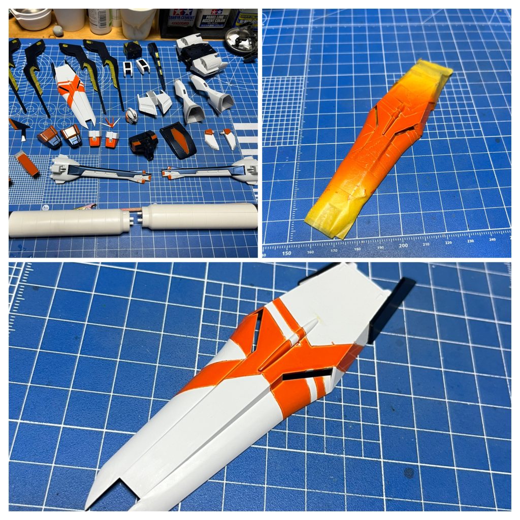 塗り分けの終わったパーツです。シールドはパーソナルカラーっぽくマスキングで塗り分けてみました。粗は目立ちますが、思ったようにはできたので満足です…(*´꒳`*)※その②に続きます〜