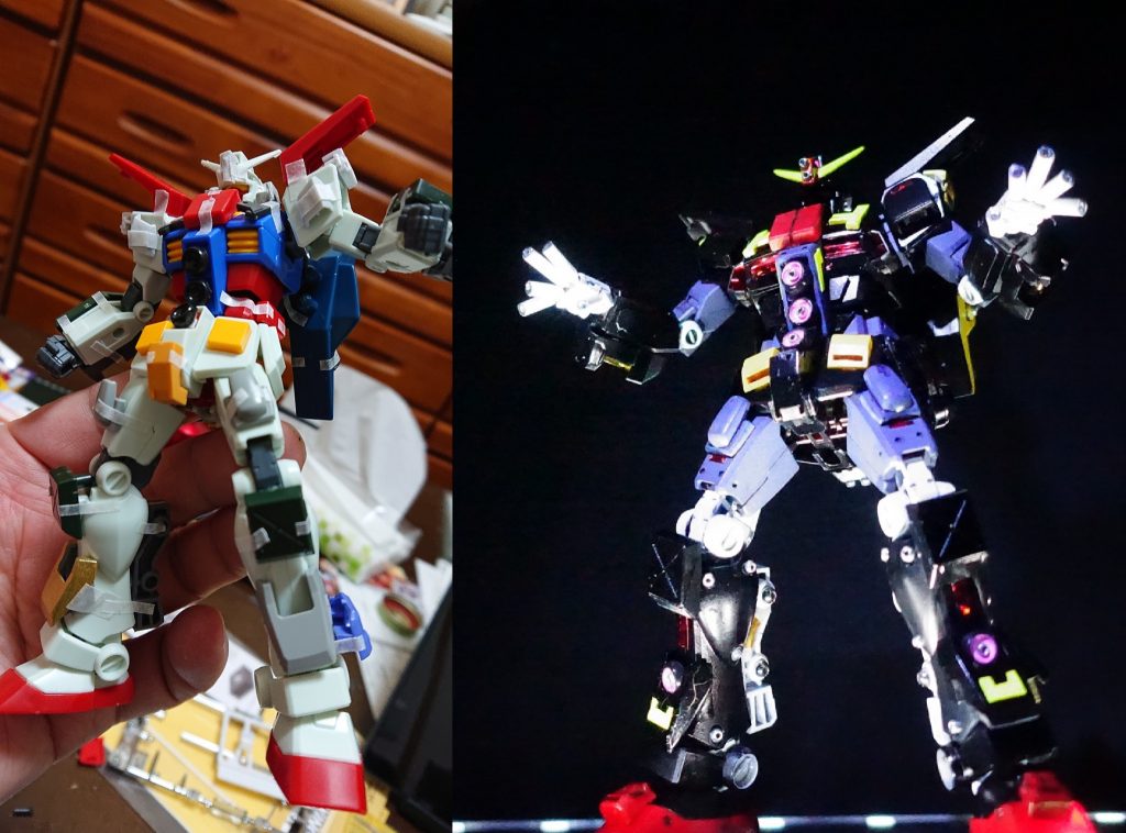 ●GUSNTAサーフィンをしていると、すでにEGガンダムを簡易サイコガンダム化している先輩（mahtoysさん）があり、「レアなパターンで面白そ！」と、プラン決定。●ところがギッチョン、ちっともEGではありませんでした。そもそも最新ガンダム・プラモはプロポーションが良すぎてヌリカベ感の寸胴ボディではなく、色変えだけでは独特の巨大感・威圧感がちっともでないのです。●で、コテコテジャンクパーツをくっつけて幅増しし、ハリボテ重厚感の演出に注力しました。