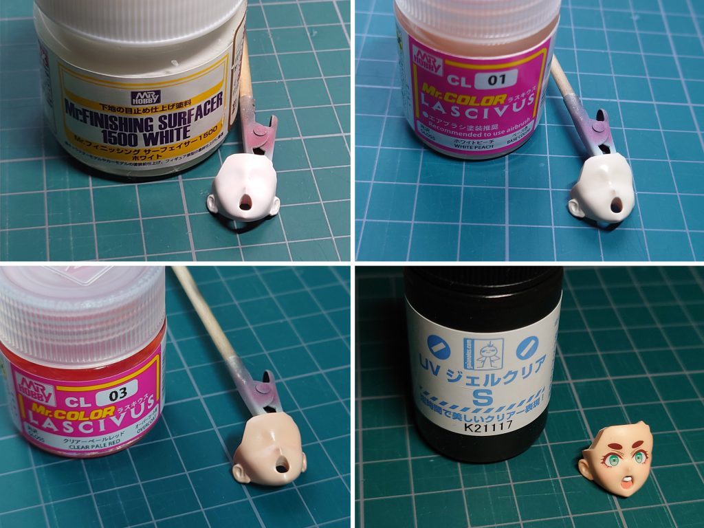 肌の色は白サフからラスキウスのホワイトピーチをベタ塗してからクリアーペールレッドを重ねてからデカールを貼り、瞳部分にガイアノーツのUVジェルクリアを使っています。
