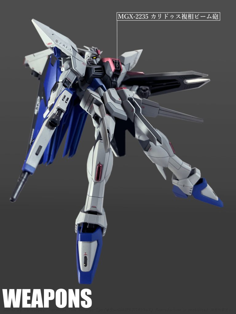 「バラエーナプラズマ収束ビーム砲」のオミットに伴い「MGX-2235 カリドゥス複相ビーム砲」が胸部に内臓された。 主に対艦戦闘に用いられる高出力大口径のビーム砲。「ラケルタ ビームサーベル」とは異なる方法で敵機との¨間合い¨を取る為の¨牽制¨としても使用される。「ZGMF-X31S アビス」の胸部に内臓されているものと同様の装備。