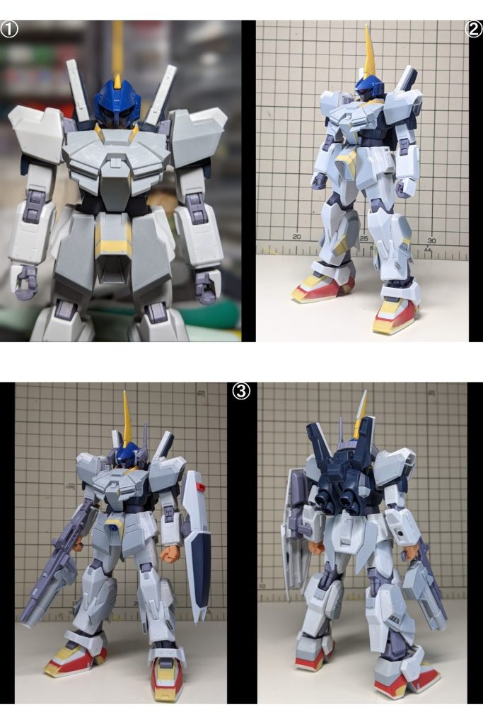 ネットに転がる様々なバーザム改の画像を頼りに少しづつ改修を続け、何とか完成まで漕ぎ着けました。胸部と脚部の改修にはとにかく時間が掛かりました。ほぼ別物と言っても良いのでは……と自分では思います。しかし、ミキシングとはいえ実際バーザムのパーツは頭部と股間のコンデンサーらしき部分の接続口だけです(ミキシングと言えるのかw)