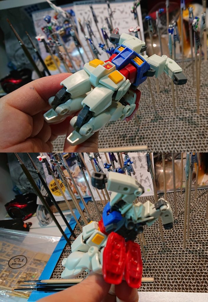 ●当初は簡易変形も考えたのですが、ジャンクパーツのつけすぎで可動域が極端に狭まり断念（笑）。●優秀な可動域を誇るEGガンダムが、ほぼ棒立ちマシンになってしまいました。ほんとはサイコガンダムらしからぬ俊敏なポーズをさせてみようかという野望もあったのですが、これも断念。