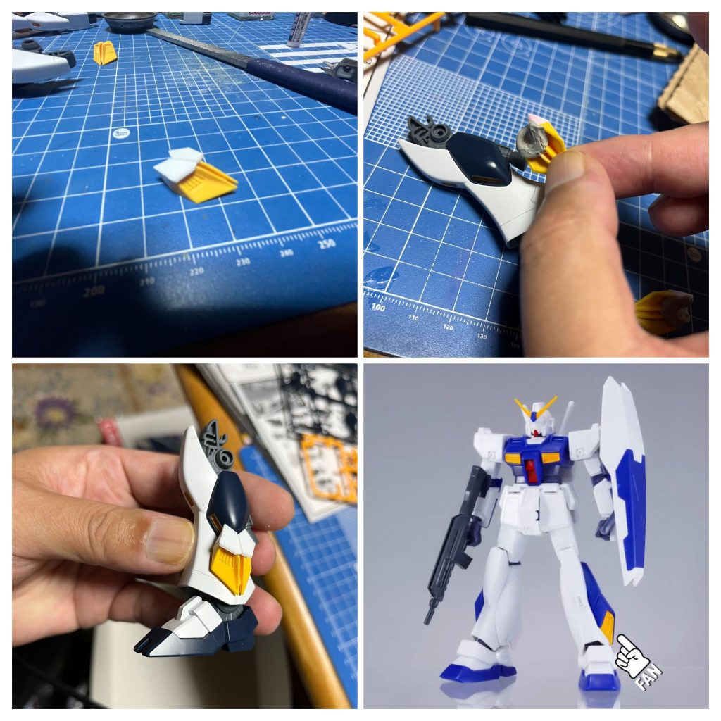 足のスラスター増設。ガンダムトリスタンの余剰(アレックス)のスラスターにプラ板でカバーを作り、パテで形を合わせて元のスラスターに足す形です。もうちょっとスマートにできればよかったかも^_^;