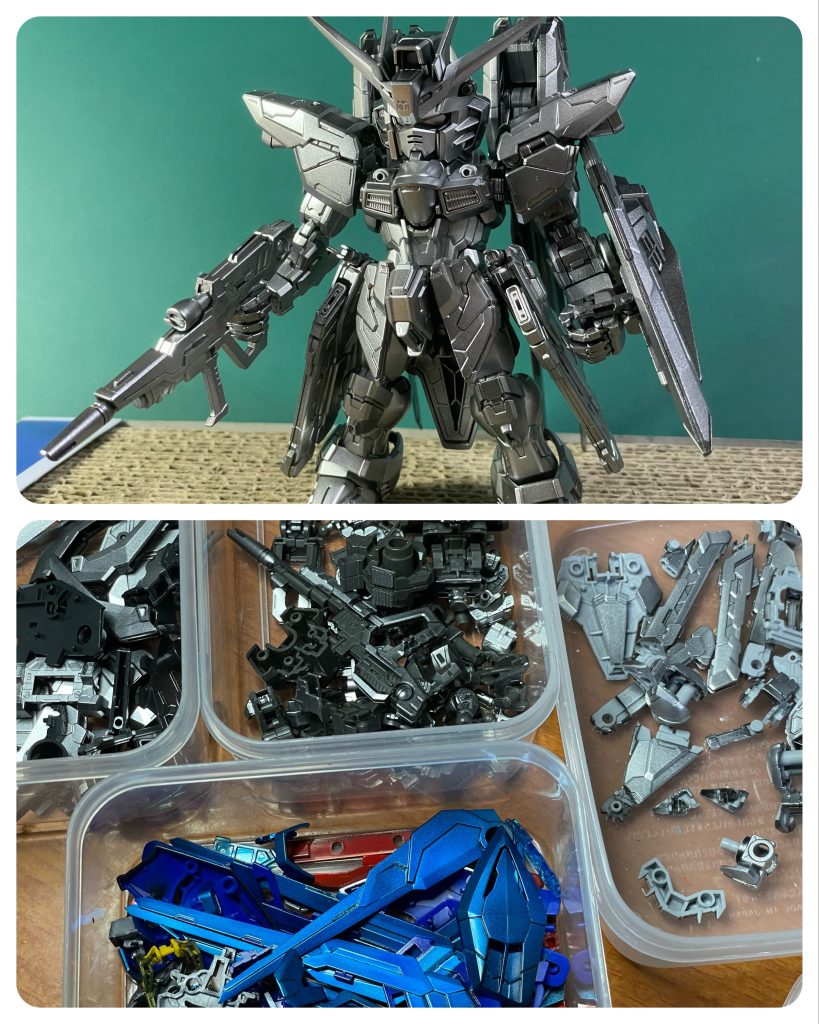 塗装(自分向けメモ)いつも通りに水性ホビーカラーです。今回、赤、青部分は一度やってみたかったつや消しキャンディ塗装(それはキャンディではないのでは?)にしてみました。共通下地: 組んだまま黒→シルバー赤: (スミ入れ後)クリアレッド青: (スミ入れ後)クリアブルー → クリア+雲母堂本舗CCパール (PCブルー+PCレッド)黄色: (下地を落としてから)シルバー→ガンダムイエロー白: グランプリホワイト → ホワイト(ハイライト)ライトグレー: ガンダムSEEDカラー ディアクティブグレー黒: ガンダムSEEDカラー ディアクティブブラック(だったと思う…)関節等: 焼鉄色トップコート: プレミアムトップコートUVカットスムースクリア(つや消し)スミ入れ: Mr. ウェザリングカラー マルチブラック、マルチグレー下地のシルバーをマスキングで残したり、筆塗りでシルバーやカッパーを塗り足したりしてみましたが、足裏、フロントアーマー裏、リアアーマー裏などほとんど写真に写ってないですね😅マーキングは付属のテトロンシールです。水転写付属にして欲しかったなー。