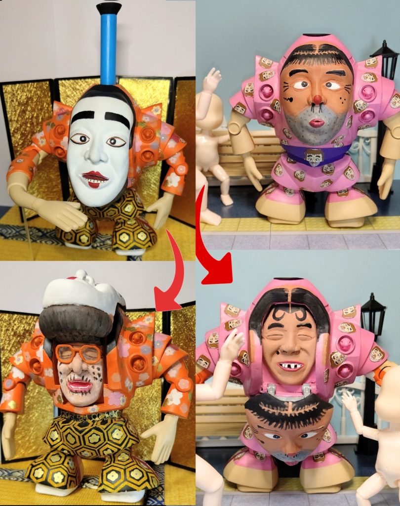 志村さんの演じた数あるキャラを1つのガンプラに4つの顔を詰め込みました。