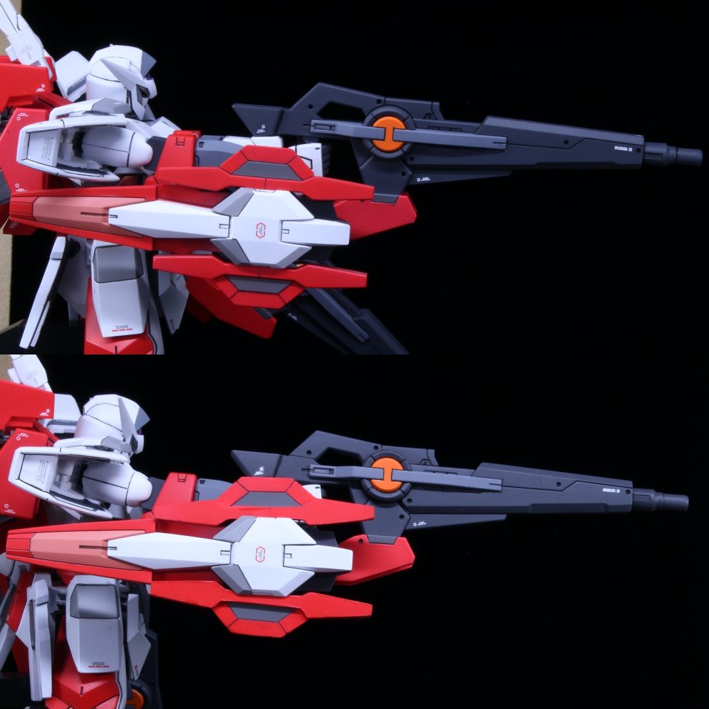 ライフル&シールド上がキットの物で、下が小型GNファングのみスクラッチしました。リバーシブルガンダムには何故か小型GNファングだけ入ってなかった…塗り分けを細かく行いました。