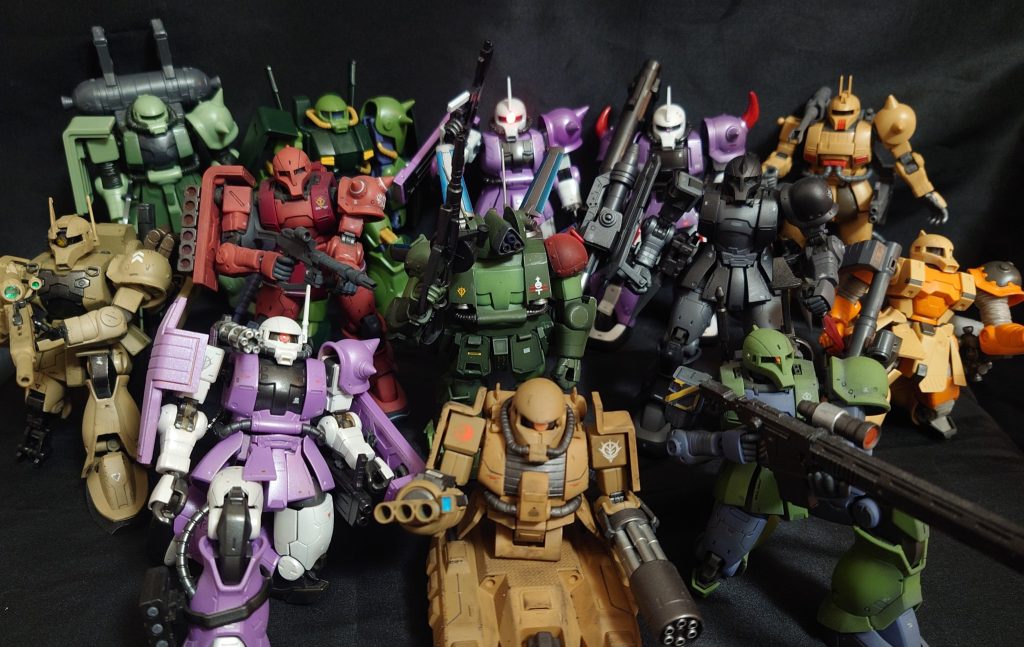 ザクタンクオリジン　ザクⅠ　 デニム機オリジン　ザクⅠ　シャア専用サンボル　旧ザクサンボル　ザクザクフリッパーオリジン　ザクⅠ　キシリア部隊機ザクⅡ（キリーギャレット専用）ザク・ハーフキャノン（ミア・ブリンクマン専用）陸戦高機動ザク（アルマ・シュテルナー専用）ザクキャノンザクⅠスナイパーハイザック（一応ザクに含めました）