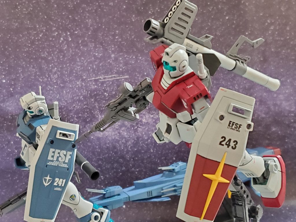 そして、『星🌟一号作戦』次の攻撃目標『宇宙要塞ア・バオア・クー』への進撃が開始された❗第4小隊はルザル艦隊、ホワイトベースと共にSフィールドより進軍👊✨モンシア少尉のジムも決戦装備と言わんばかりに、バックパックにハイパーバズーカを背負い出撃~🌠