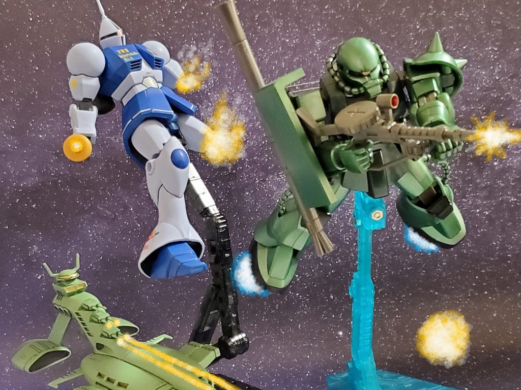 第4小隊は新型MSを大破させる事に成功~😊✨ザクに守られながら後退するジオンエースパイロットであった…👍️