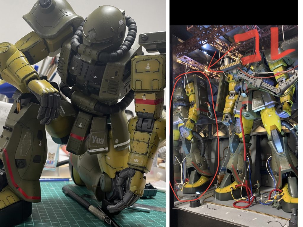 あまり見えませんがザクもディティールアップしてます。カラーリングは過去作のメガザクと同じ。過去作のメガザクの隣のドックにいた機体が地球に降りたという設定です。