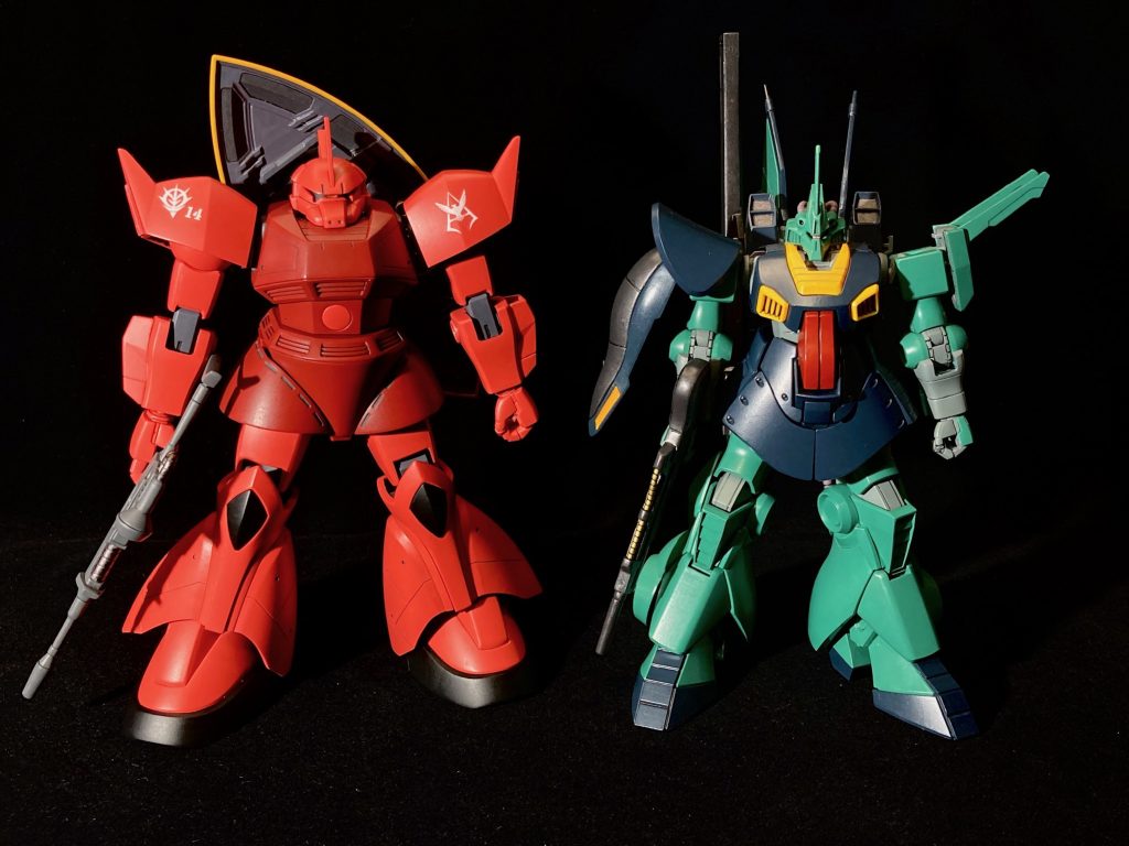 似ている2機を並べてみたら、頭身だけで見るとゲルググの方がデカいという事実に驚きました。F91の時代まではMSは大型化の一途を辿っていると思い込んでいただけに、これは自分的に新しい気付き。https://gumpla.jp/hg/866514