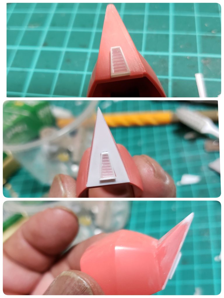 パーツが浮いてる様に見えるので0.5ミリプラ板を貼り付けて奥まってる感じにしました☺ついでに先端をシャープ化