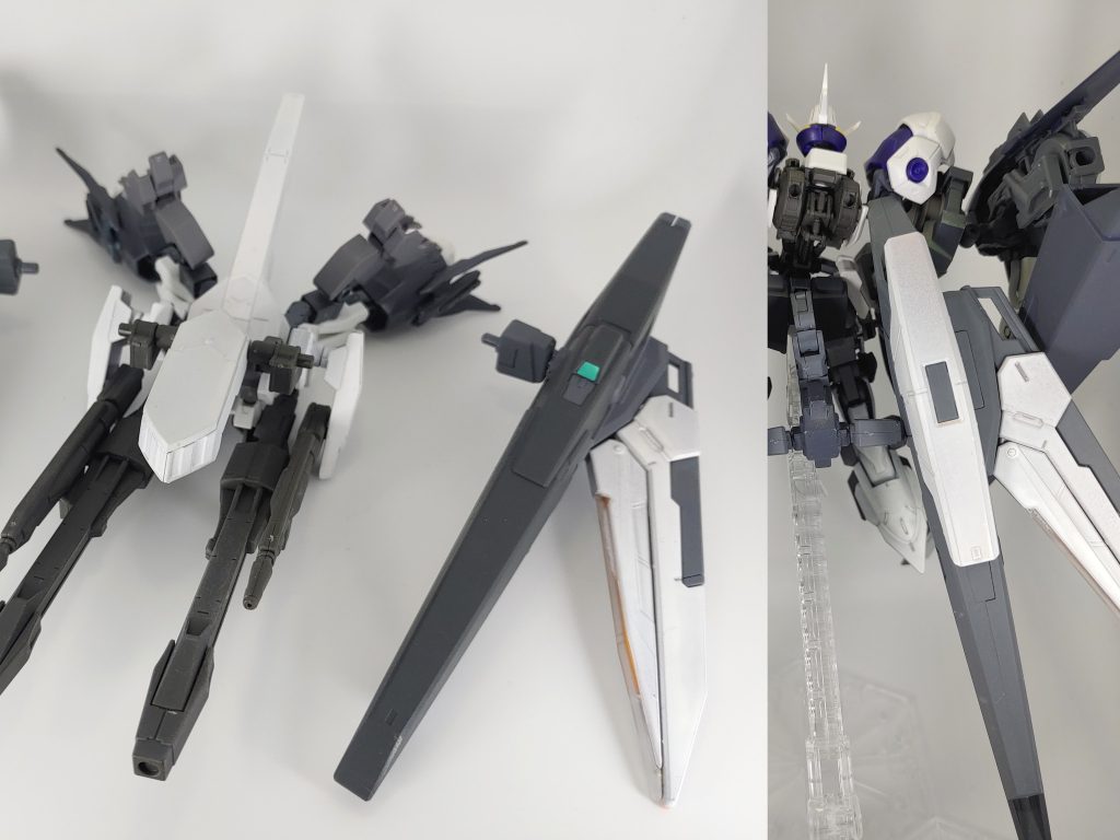 サブアーム接続時に、肩に装備していたGNドライブは支援飛行ユニット側に接続。そして支援飛行ユニットのメインブースターを本体の腰部に接続。