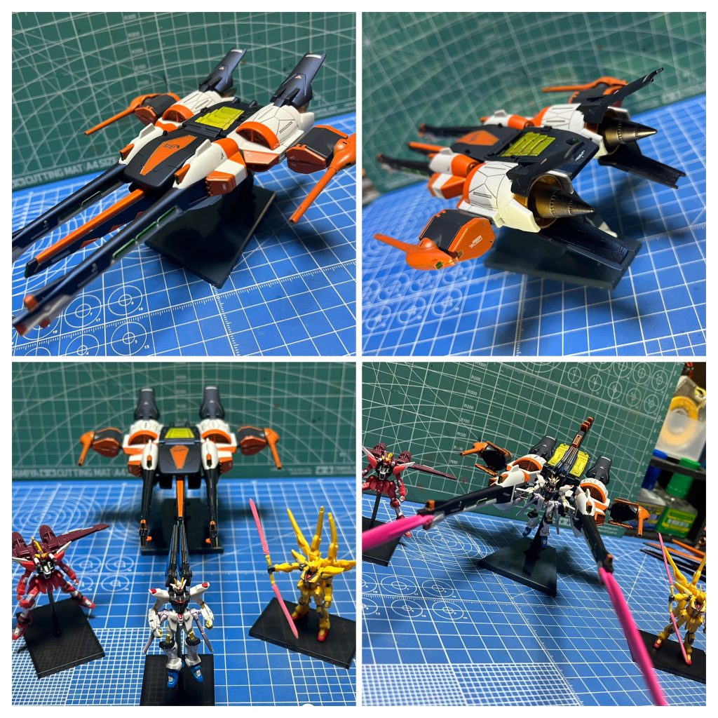 ちなみにミーティア。この場合はあえて「メテオストライカー」と呼びますが、色以外はほぼいじってないので、単体で普通に遊べます。1/400のミニガンダムもちゃんと搭乗できます。1/144ミーティア使ったらもっと迫力は出たかもですが、それだとさすがにまんまだなぁ思ったので、ミーティユニットではなく、あくまで「メテオストライカー」にこだわりましたw