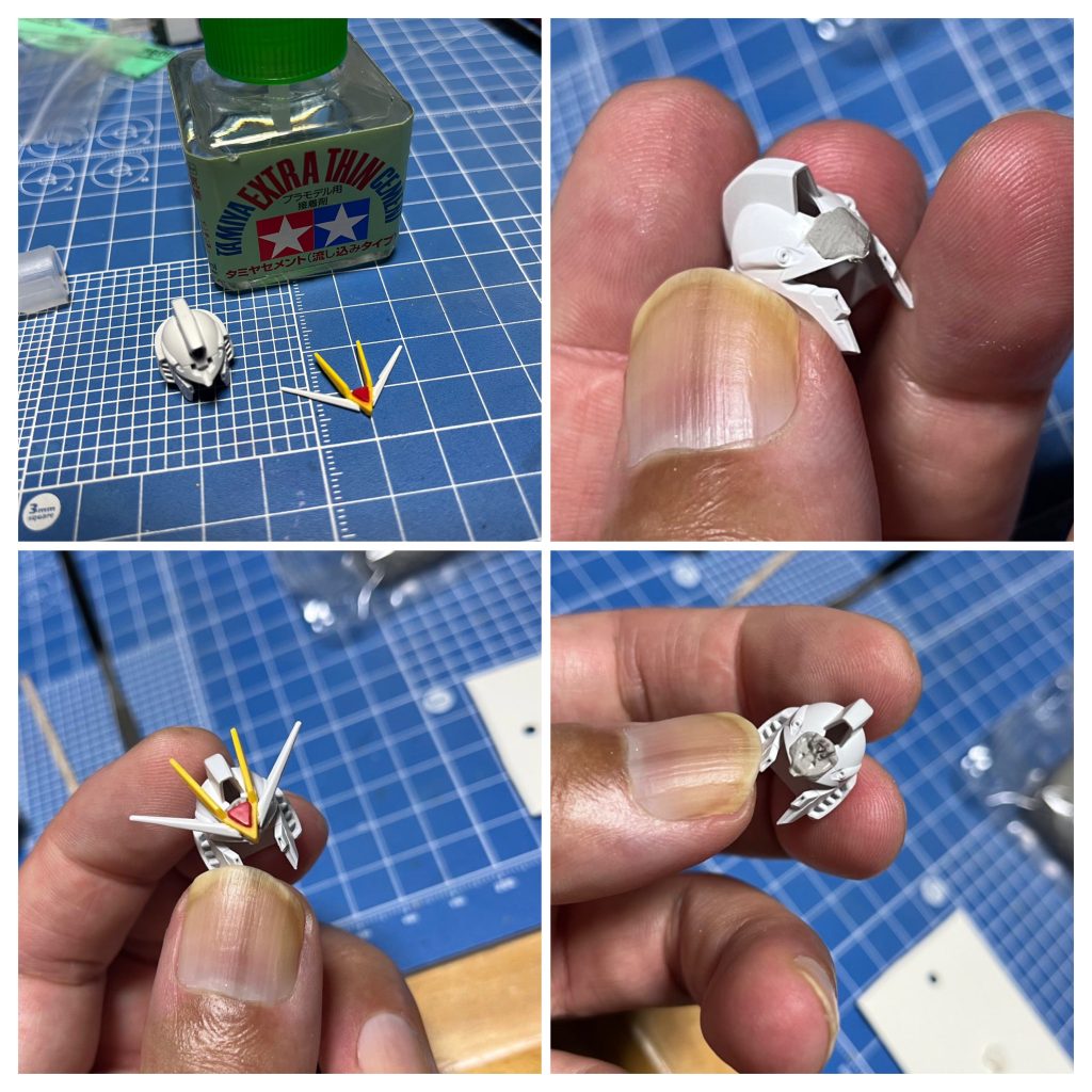 頭部はνヘッド+ストフリアンテナの組み合わせです。アンテナはものすごい精度で設計されていて、接着しないと形を保てませんw基部が合わないので、エポパテを盛ってアンテナを押し付けて型取りの後、余分を削っています。