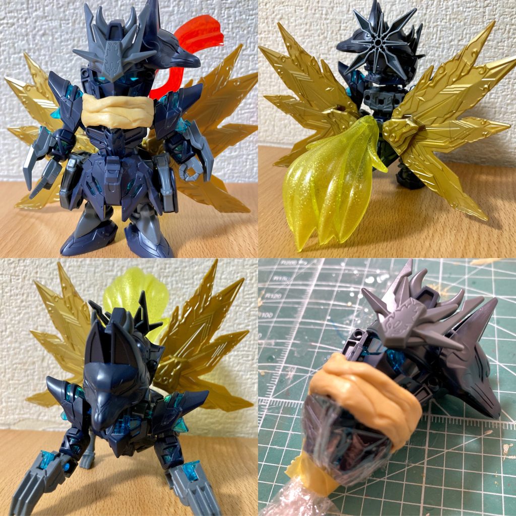 通常の佐助デルタをベースに、最近新発売したスペリオルストライクフリーダムドラゴンの羽根と紅武者アメイジングの髪の毛を尻尾に見立てて位置調整の上取り付けています。1年ほど前に信長ガンダムエピオン波旬の装として信長のオリジナル強化形態を製作した時点で、佐助のパワーアップver.も同時に構想していたのですが、なかなか長らく形に出来ていませんでした。先日新商品のスペリオルストライクの羽根パーツを見て、ちょうど形状が八本の尻尾のようで佐助にドンピシャなパーツがついに見つかった、と思えたので急遽一気に仕上げる事が出来ました。