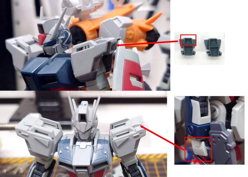 余剰パーツのバーニアの一部をカットして肩のバーニアにしたりハンドパーツをビルダーズパーツに置き換えたので、キット付属のハンドパーツの手の甲をディテールアップとして使用してます