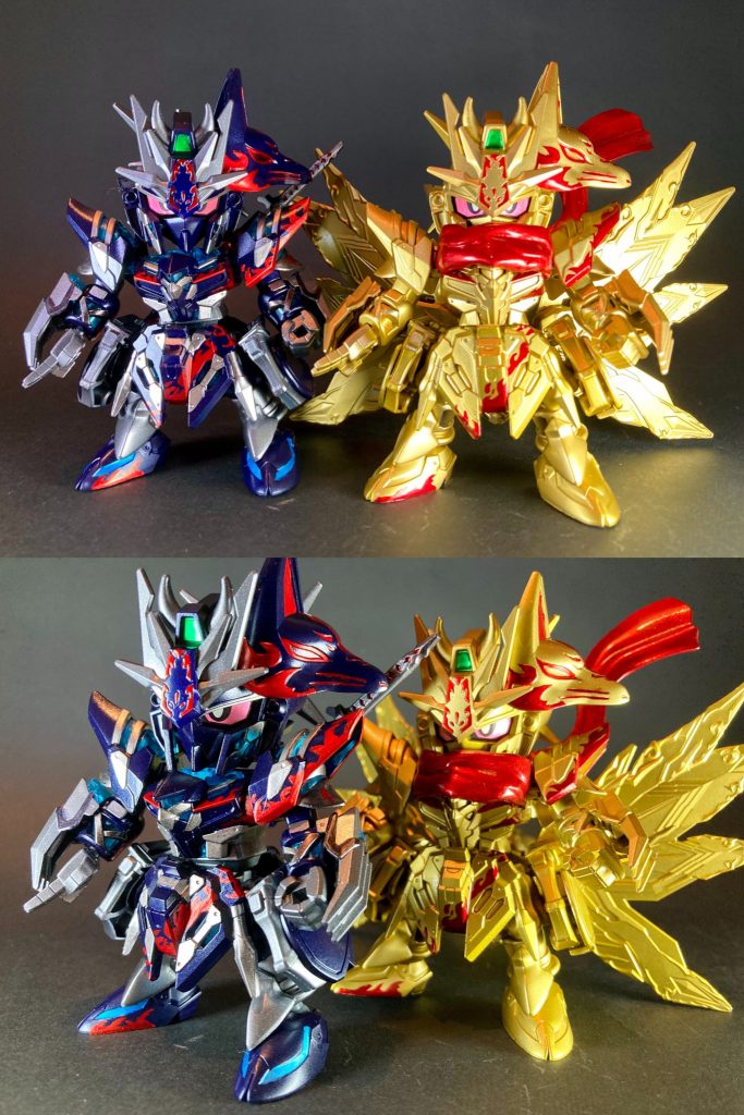 オシャレ忍者マフラーは、個人的にSDガンダム忍者の代名詞のような印象がありましたので、エポパテ造型で追加しました。後ろになびくパーツは斉天大聖悟空インパルスの腕のヒラヒラを加工して取り付けています。