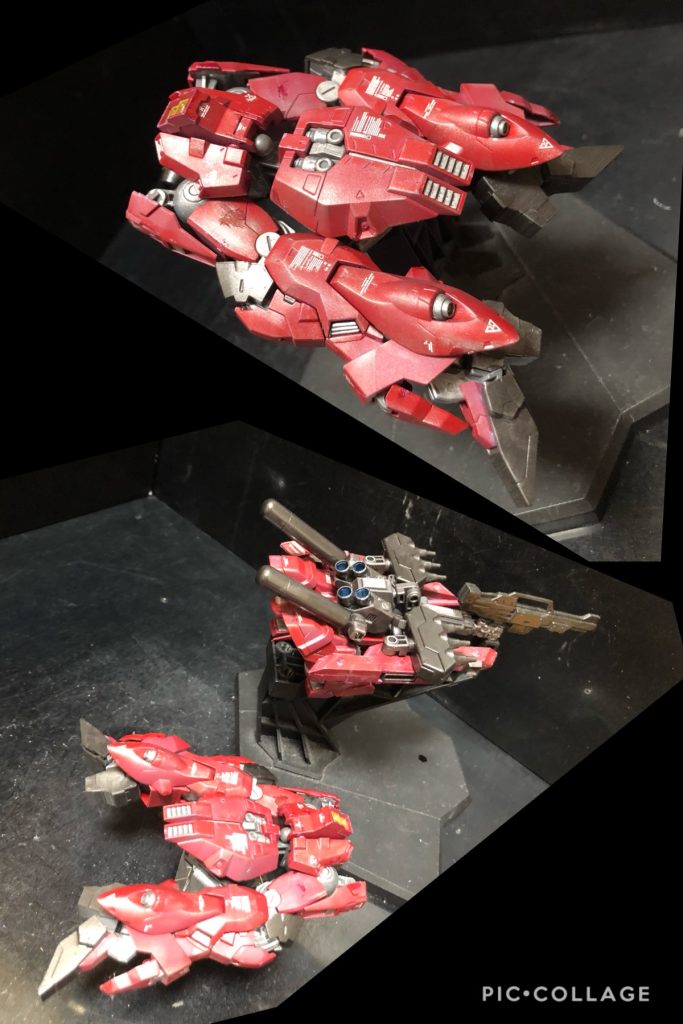 oyz「こちらがBパーツ、サザビーナッターです。可変方法はお察しください。」シャア「ふむ。可変自体は難しくはなさそうだな。」oyz「武装はありませんので、敵にぶつける等々、好きに使っていただければ。」シャア「それは欠陥品という事ではないのか?」oyz「特筆すべきは...腰パーツの取付け位置以外キットのまま、という事ですね。」シャア「可変の為の改造はどうしたのか?」oyz「特に必要ありませんでした。」シャア「馬鹿な....!バルギルのキットは化け物か!?」oyz「という訳で、非常に楽でしたw」シャア「キットのポテンシャルの高さがモノを言った....!という事だな。」oyz「左様ですな。」oyz「では、AパーツとBパーツを合体しましょう!」シャア「何!?合体だと!?」oyz「はい、ひとつの戦闘機になります。合体!」