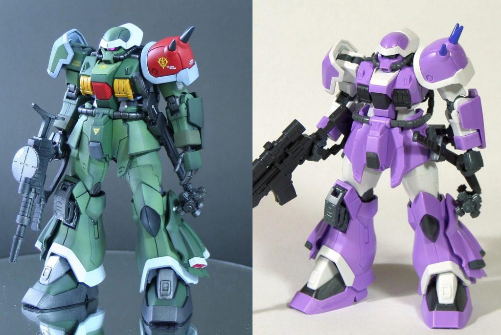 キット素組との比較。バトルオペレーションコードフェアリーというゲームに登場する機体です。女性キャラがメインのゲームなので、可愛い印象のあるカラーリングですが、おじさんが乗るにふさわしいミリタリーぽい雰囲気に塗装しました。