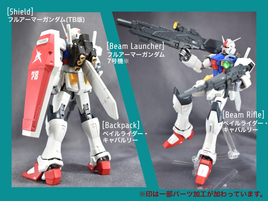 背面と武装関連のパーツ紹介すね部スラスターは加工してコトブキヤのスラスターパーツを付けています。武器のビームランチャーですが、フルアーマーガンダム7号機の肩部ビームキャノンを加工し、持ち手を付けて手持ち武器としています。(あんまり深い理由はないですが…)持ち手部はプラ板加工で作りました。