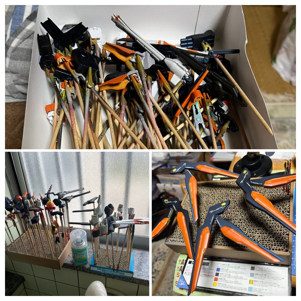 デカール貼り付け後につや消しトップコートです。極力メタリック部分はつや消ししたくなかったので、組み付けられる箇所以外はバラバラで行います。